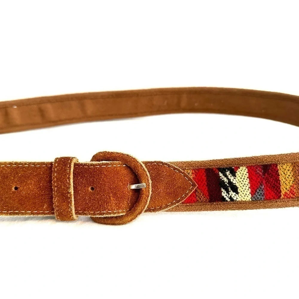 VTG 90’s Embroidered Boho Multicolor Guatemalan Cloth & Brown suede Belt
